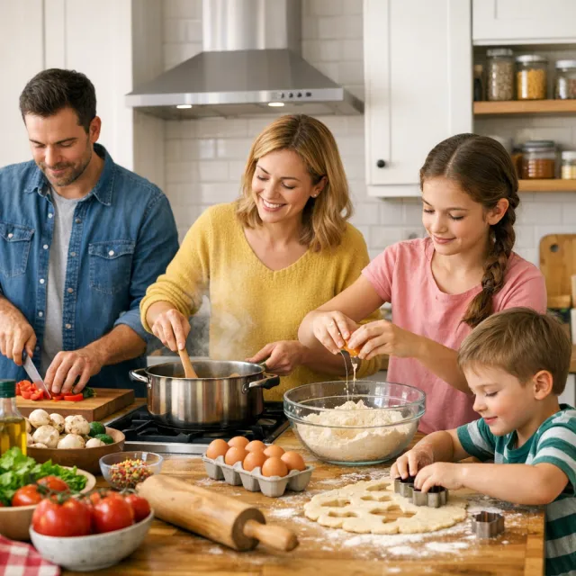 A family cooking together in a kitchen, each person busy with a different task - OpenAI GPT Image 1.5