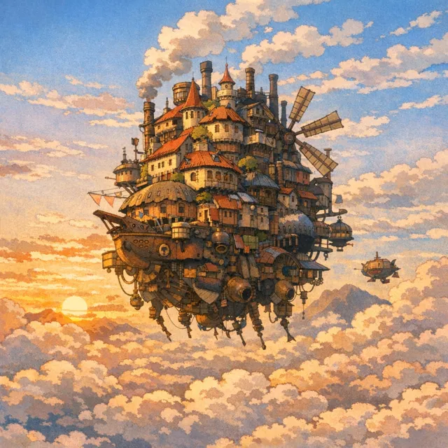 A flying castle floating in clouds at sunrise. Match the visual aesthetic of 'Howl's Moving Castle' by Studio Ghibli, with Miyazaki's blend of steampunk elements and fantasy. - GPT Image 1.5