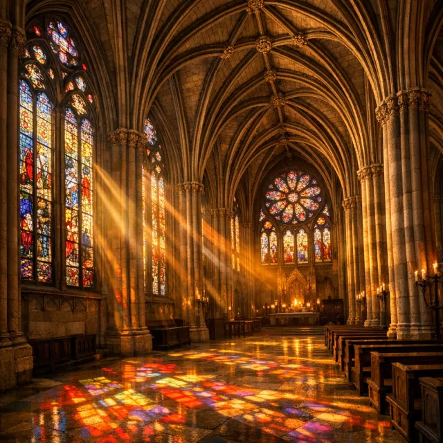 A Gothic cathedral interior at sunset with light streaming through detailed stained glass windows, creating colored patterns on stone floors and columns. Show accurate ribbed vaulting. - GPT Image 1.5