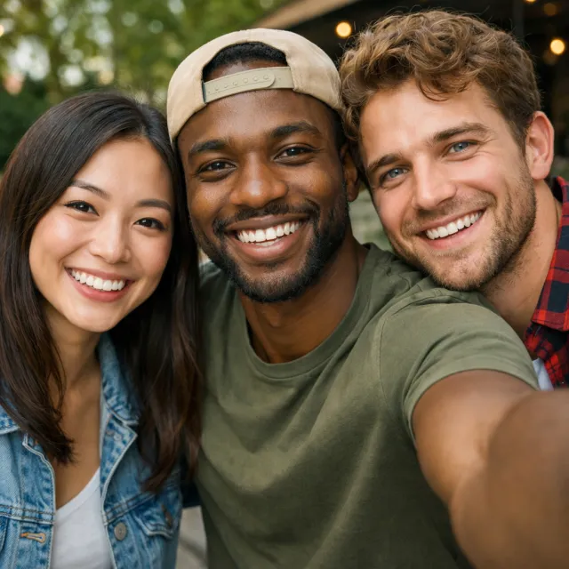A group selfie of three friends of different ethnic backgrounds smiling at the camera. - GPT Image 1.5