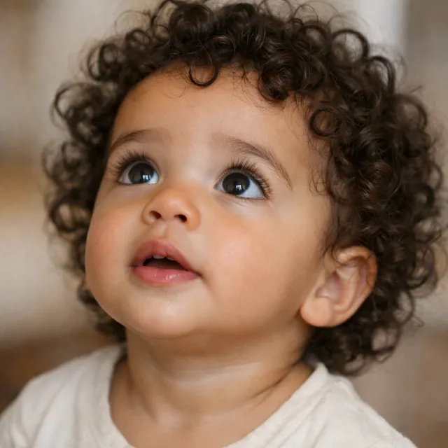 A hyper-realistic photo of a toddler with curly hair and big eyes, looking upward. - GPT Image 1.5
