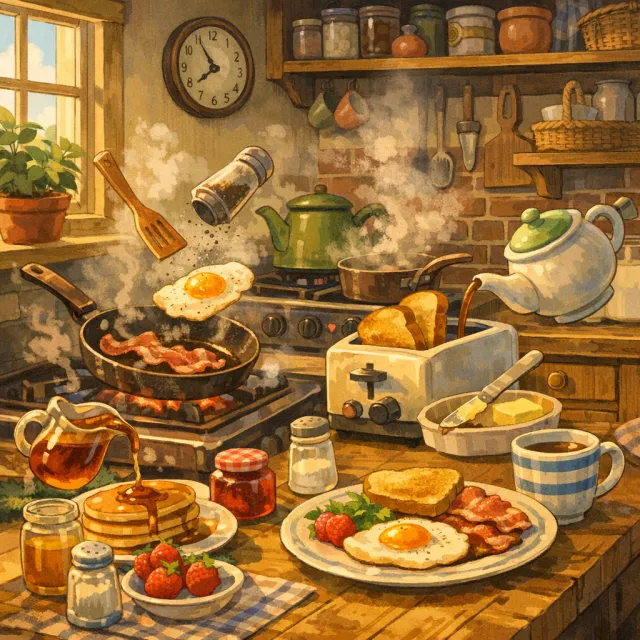 A kitchen with magical cooking implements preparing breakfast. Duplicate the artistic style of Studio Ghibli's domestic scenes, with Miyazaki's detailed settings and warm lighting. - GPT Image 1.5