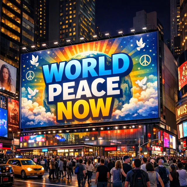 A large storefront billboard at Times Square displaying the slogan “WORLD PEACE NOW” in… - OpenAI GPT Image 1.5