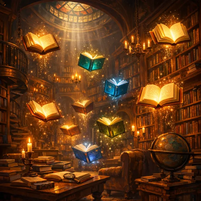 A library where the books are glowing and floating in mid-air, illustrated in a magical… - OpenAI GPT Image 1.5