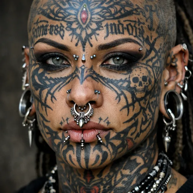 A portrait of a person with elaborate facial tattoos and piercings, shown in sharp detail - OpenAI GPT Image 1.5