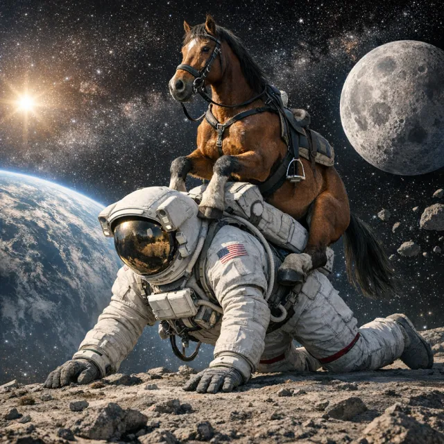 A realistic astronaut being ridden by a horse, photorealistic depiction in outer space… - OpenAI GPT Image 1.5
