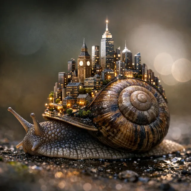 A snail whose shell contains a miniature city skyline, depicted in a hyperrealistic macro… - OpenAI GPT Image 1.5