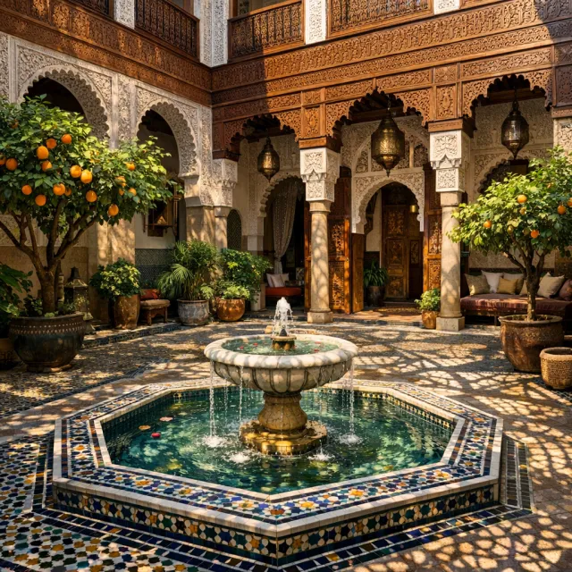 A traditional Moroccan riad courtyard with detailed zellige tilework, flowing fountain, citrus trees, and ornate woodwork. Morning light casting intricate shadow patterns. - GPT Image 1.5