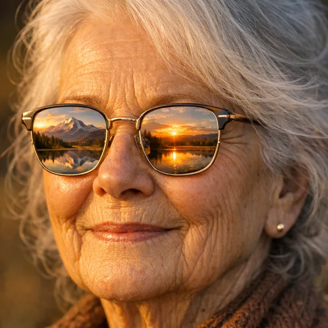 A ultra high-resolution portrait of an elderly woman with silver hair and bifocal glasses, each lens reflecting a distant landscape, captured in warm late-afternoon sunlight - GPT Image 1.5