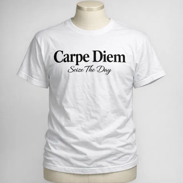 A wrinkled white T-shirt with "Carpe Diem" in bold serif font and "Seize The Day" in smaller script below it, modeled on a mannequin, professional product photography with soft-box lighting. - GPT Image 1.5