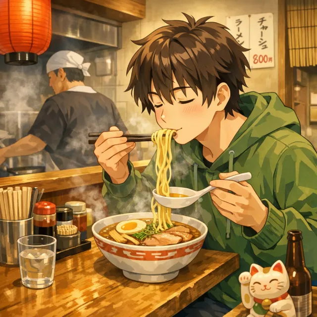 An anime scene of a character eating ramen at a small shop counter (slice-of-life style). - GPT Image 1.5