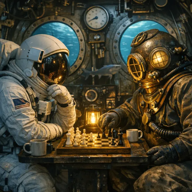 An astronaut and a deep-sea diver playing chess together inside a submarine. - GPT Image 1.5