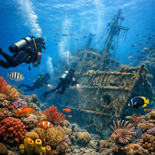 An underwater scene with scuba divers exploring a coral reef alongside colorful fish and… - OpenAI GPT Image 1.5