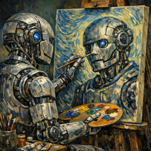 Photorealistic image of a robot painting a realistic self-portrait (i.e. the robot) on canvas, mimicking Van Gogh’s art style; clear, realistic metallic textures and painting details visible - GPT Image 1.5