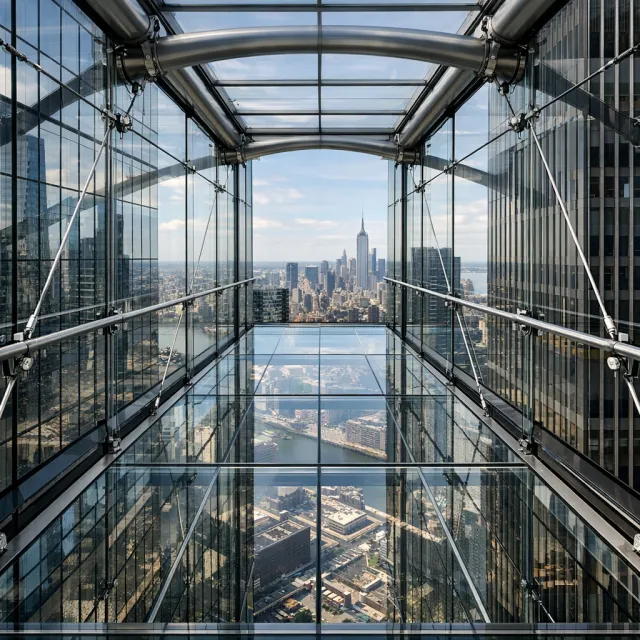 Photorealistic rendering of a contemporary glass skybridge between two skyscrapers, seen… - OpenAI GPT Image 1.5