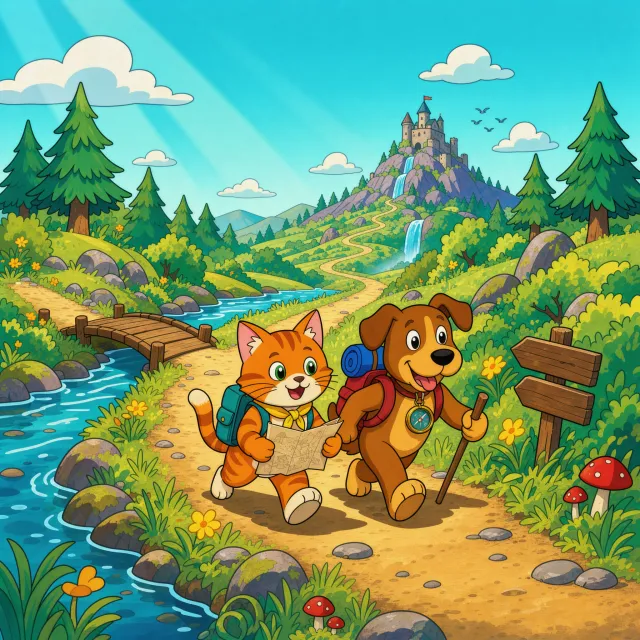 A cartoon of a cat and a dog on an adventure, drawn in a colorful 2D style. - FLUX 3 Image