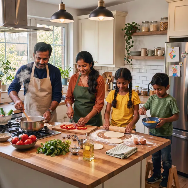 A family cooking together in a kitchen, each person busy with a different task - Black Forest Labs FLUX 3 Image