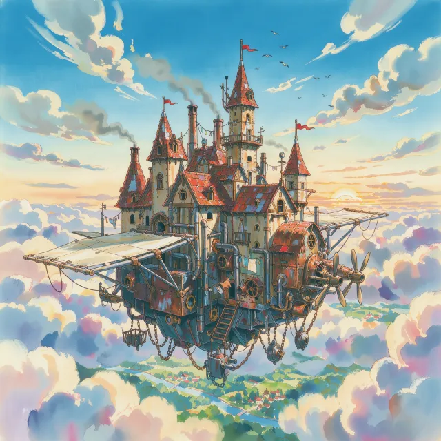 A flying castle floating in clouds at sunrise. Match the visual aesthetic of 'Howl's Moving Castle' by Studio Ghibli, with Miyazaki's blend of steampunk elements and fantasy. - FLUX 3 Image