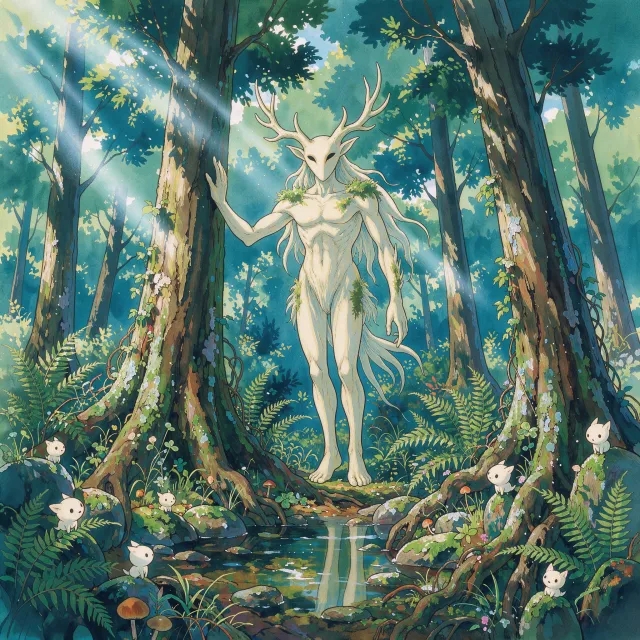 A forest spirit standing among tall trees. Replicate the artistic style of 'Princess Mononoke' by Studio Ghibli, with Miyazaki's detailed environments and mystical creature design. - FLUX 3 Image