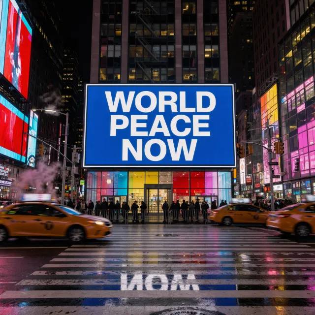 A large storefront billboard at Times Square displaying the slogan “WORLD PEACE NOW” in… - Black Forest Labs FLUX 3 Image