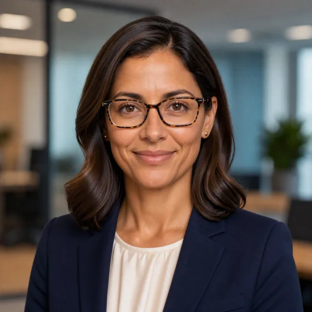 A professional headshot of a businesswoman wearing glasses, against a blurred background. - FLUX 3 Image