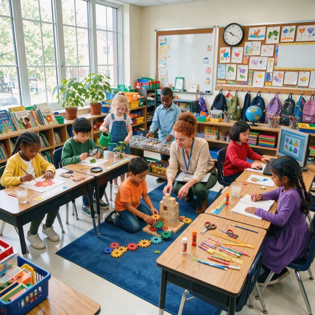 A school classroom of children and a teacher, each student engaged in a different activity. - FLUX 3 Image