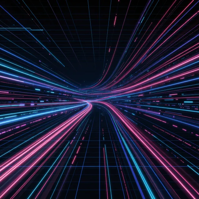 Abstract background graphic, cyberpunk aesthetic, neon pink/blue light trails on dark grid, sense of digital speed, for desktop wallpaper. - FLUX 3 Image