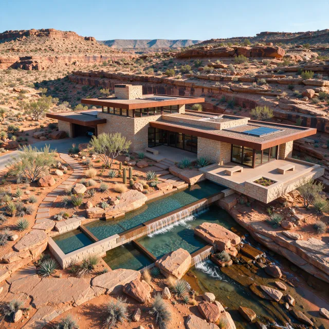 Aerial view of a modernist desert home, in the style of Frank Lloyd Wright's Fallingwater… - Black Forest Labs FLUX 3 Image