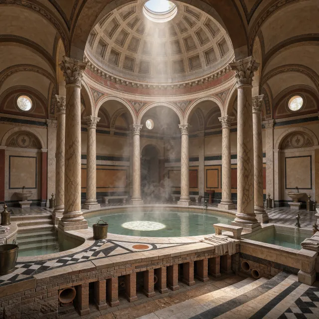 An ancient Roman bathhouse interior with accurate architectural details - marble columns, mosaic floors, arched ceilings, and steam rising from pools. Natural light from oculus openings. - FLUX 3 Image