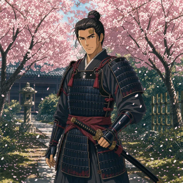 An anime-style portrait of a samurai standing under pink cherry blossoms. - FLUX 3 Image