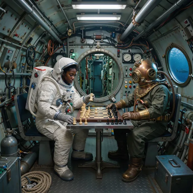 An astronaut and a deep-sea diver playing chess together inside a submarine. - FLUX 3 Image