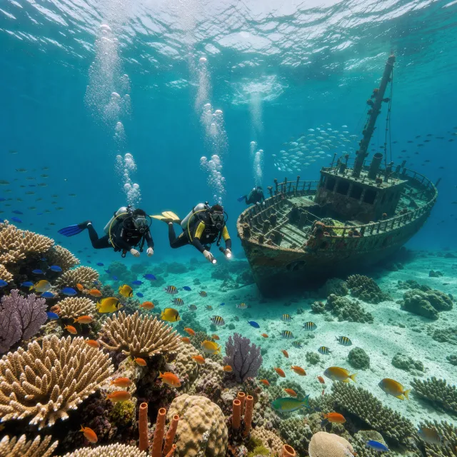 An underwater scene with scuba divers exploring a coral reef alongside colorful fish and a sunken ship. - FLUX 3 Image