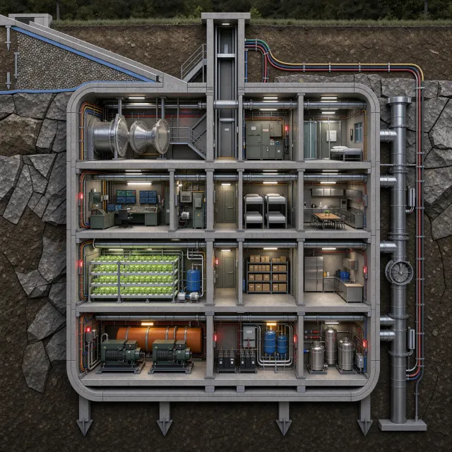 Cross-section rendering of a multi-level underground bunker with different functional… - Black Forest Labs FLUX 3 Image