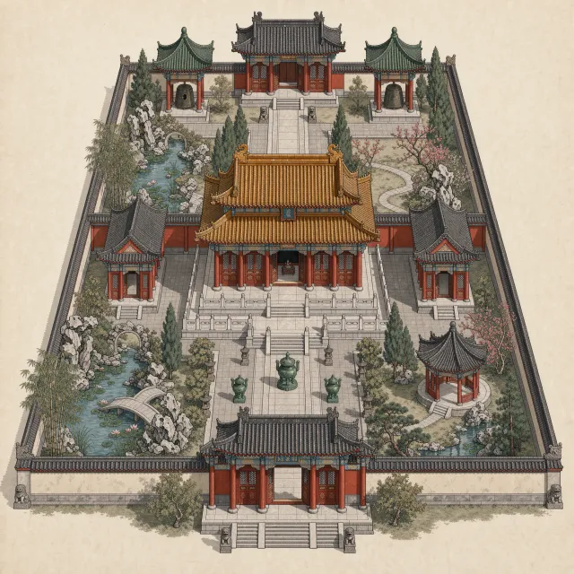 Isometric architectural illustration of an ancient Chinese temple complex showing… - Black Forest Labs FLUX 3 Image