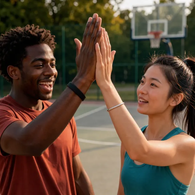 Two people high-fiving, with focus on their hands meeting mid-air. - FLUX 3 Image