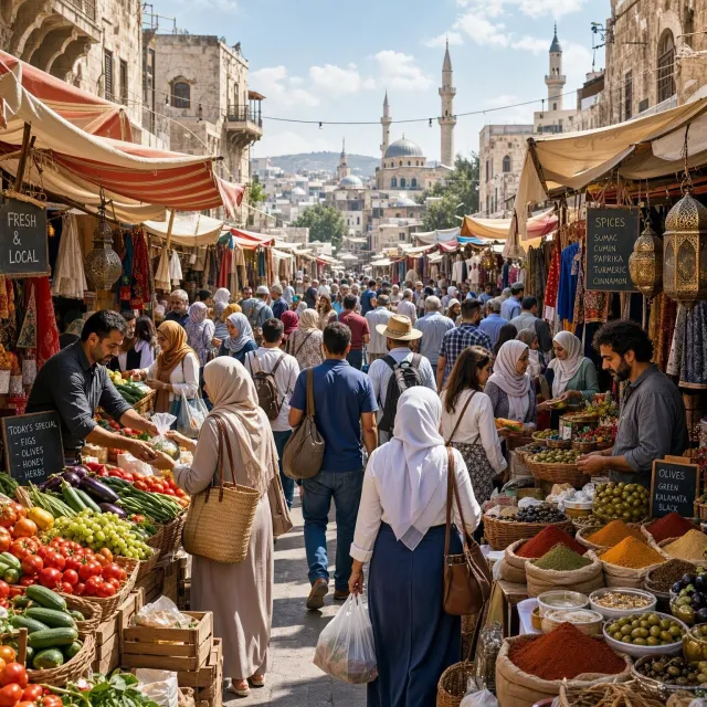 A bustling market scene with dozens of people buying and selling goods. - MAI-Image-2.6