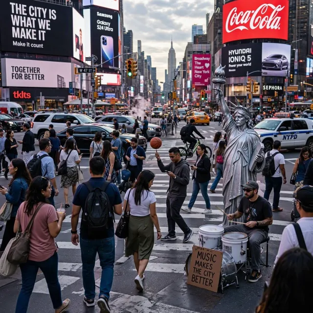A busy city intersection with cars, pedestrians, and street performers all in one frame - Microsoft MAI-Image-2.6