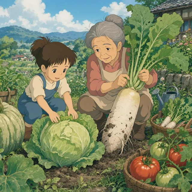 A child and elder tending oversized vegetables in a garden. Reproduce the artistic style of Studio Ghibli, with their distinctive character proportions and detailed plant illustrations. - MAI-Image-2.6