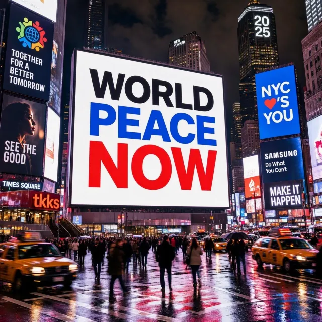 A large storefront billboard at Times Square displaying the slogan “WORLD PEACE NOW” in… - Microsoft MAI-Image-2.6