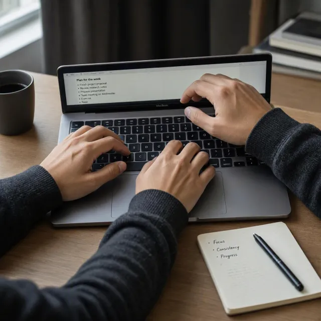 A person typing on a laptop keyboard, showing both hands on the keys. - MAI-Image-2.6