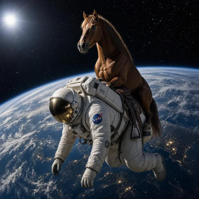 A realistic astronaut being ridden by a horse, photorealistic depiction in outer space with accurate lighting and proportions - MAI-Image-2.6