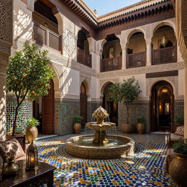A traditional Moroccan riad courtyard with detailed zellige tilework, flowing fountain, citrus trees, and ornate woodwork. Morning light casting intricate shadow patterns. - MAI-Image-2.6