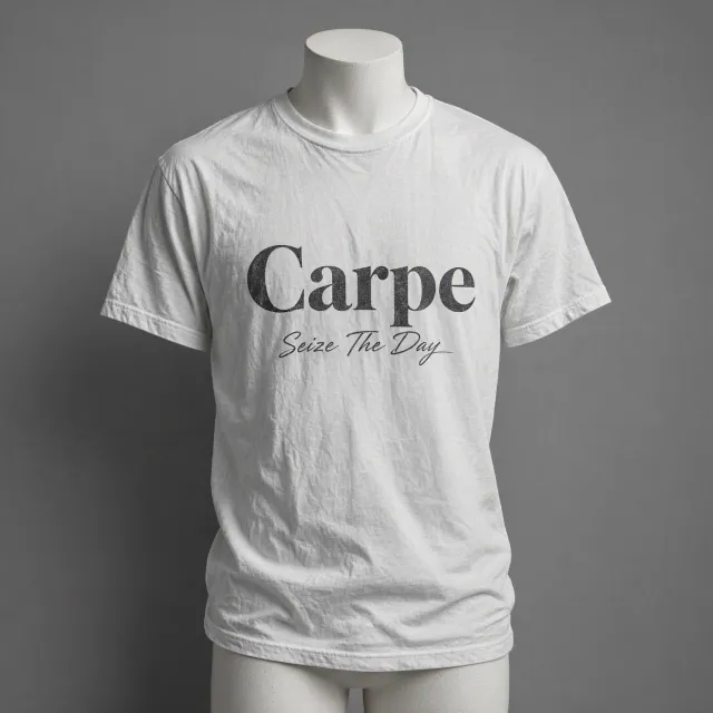 A wrinkled white T-shirt with "Carpe Diem" in bold serif font and "Seize The Day" in smaller script below it, modeled on a mannequin, professional product photography with soft-box lighting. - MAI-Image-2.6