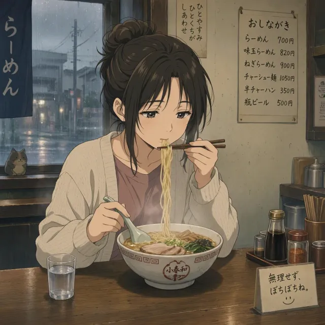 An anime scene of a character eating ramen at a small shop counter (slice-of-life style). - MAI-Image-2.6