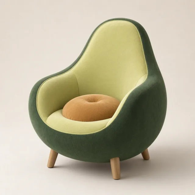 An armchair designed in the shape of an avocado, presented in a contemporary product photography style with professional studio lighting against a minimalist background. - MAI-Image-2.6