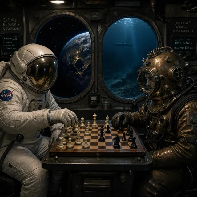 An astronaut and a deep-sea diver playing chess together inside a submarine. - MAI-Image-2.6