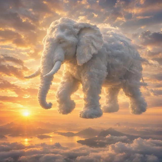 An elephant made of clouds floating in a sunset sky, rendered in a surrealist photorealistic style with ethereal golden lighting and atmospheric depth. - MAI-Image-2.6