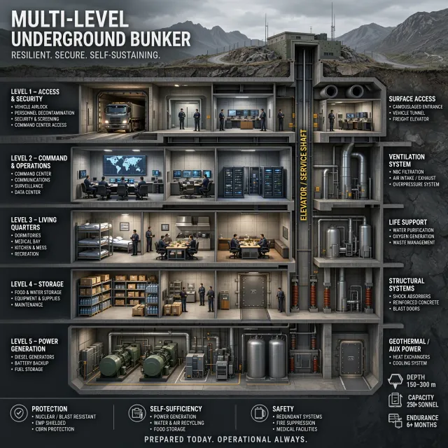 Cross-section rendering of a multi-level underground bunker with different functional… - Microsoft MAI-Image-2.6