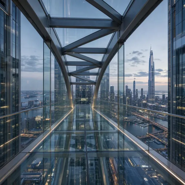 Photorealistic rendering of a contemporary glass skybridge between two skyscrapers, seen from inside with city views visible through glass walls and floor. Show accurate reflections and structural details. - MAI-Image-2.6