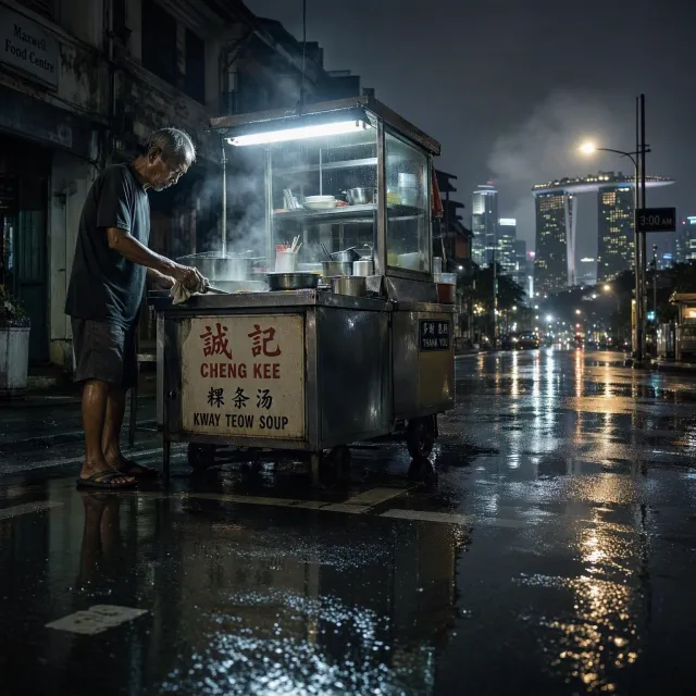 Rain-slicked Singapore street, 3 AM. A lone elderly hawker cleans his cart under one flickering fluorescent light. Steam rises gently. Low-angle shot, photorealistic - MAI-Image-2.6